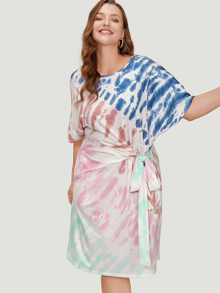 Tie Dye Dolman Sleeve Pocket Knot Side Dress