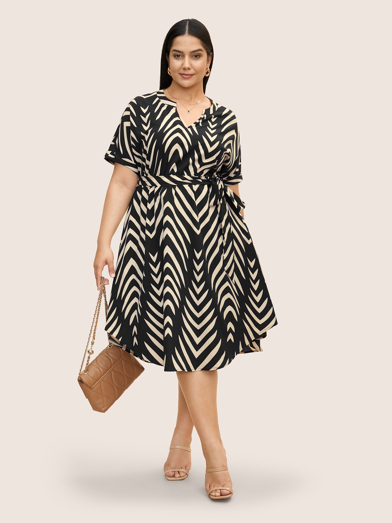 Geometric Belted Dolman Sleeve Curved Hem Dress