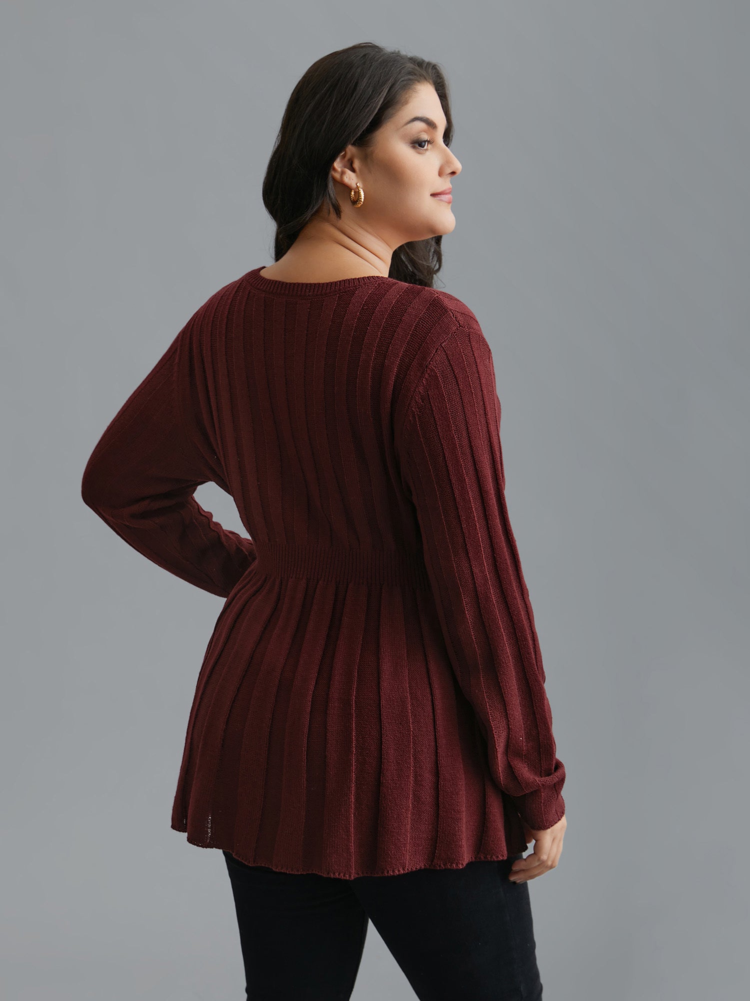 Plain Cable Knit Pleated Texture Pullover