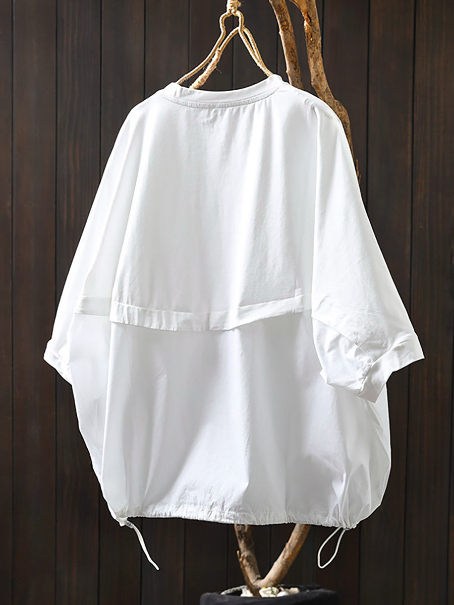 Women Summer Pocket Pure Color O-Neck Cotton Shirt