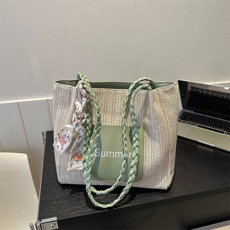 Women's Medium Straw Letter Color Block Vacation Beach Zipper Tote Bag