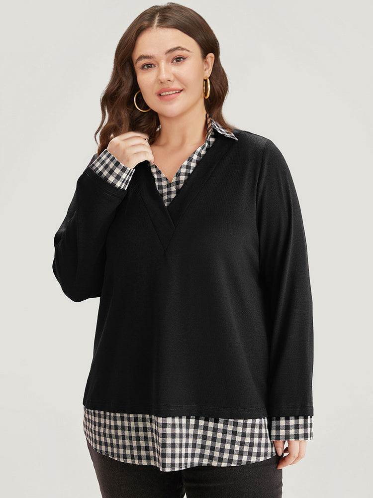 Gingham Patchwork Shirt Collar Arc Hem Sweatshirt