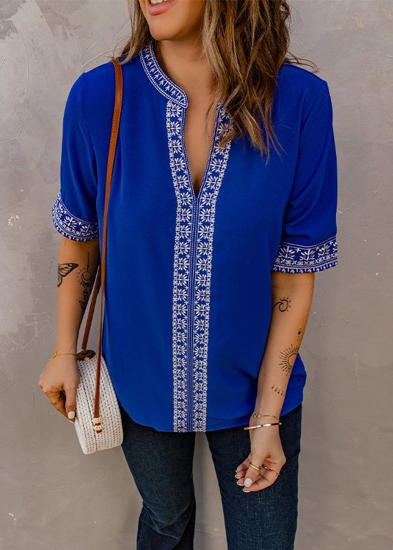 Royal Blue Embroidered Thin T Shirts Summer
