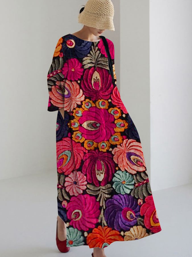 Women's Vintage Embroidered Floral Print Casual Loose Dress