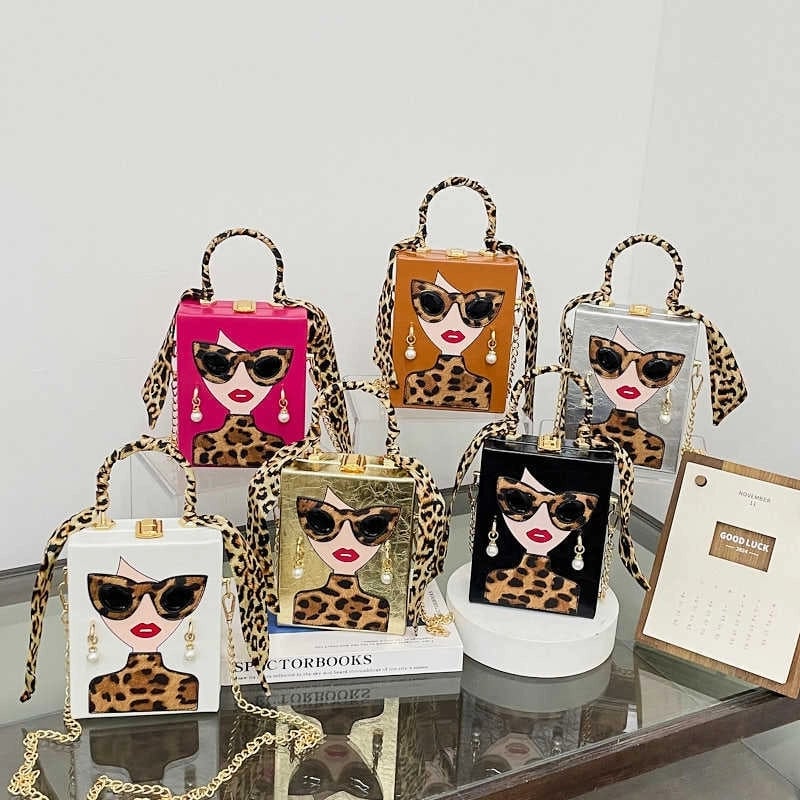 Women's Pu Leather Human Leopard Streetwear Square Lock Clasp Shoulder Bag