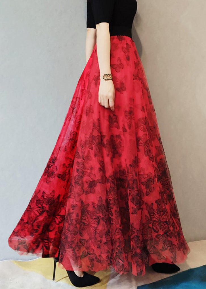 Loose Red Butterfly Elastic Waist Tulle Skirts Summer