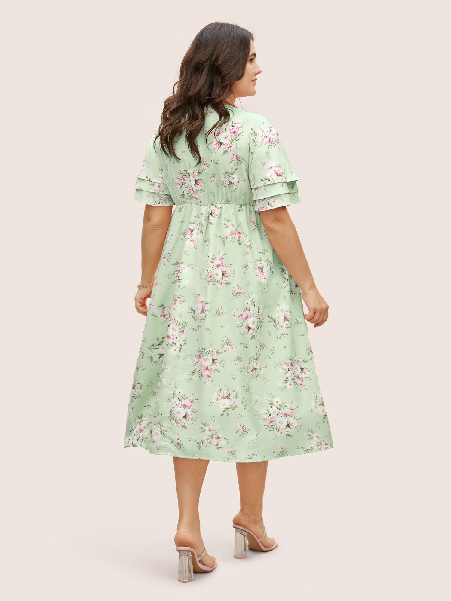 Floral Elastic Waist Tiered Ruffle Sleeve Dress