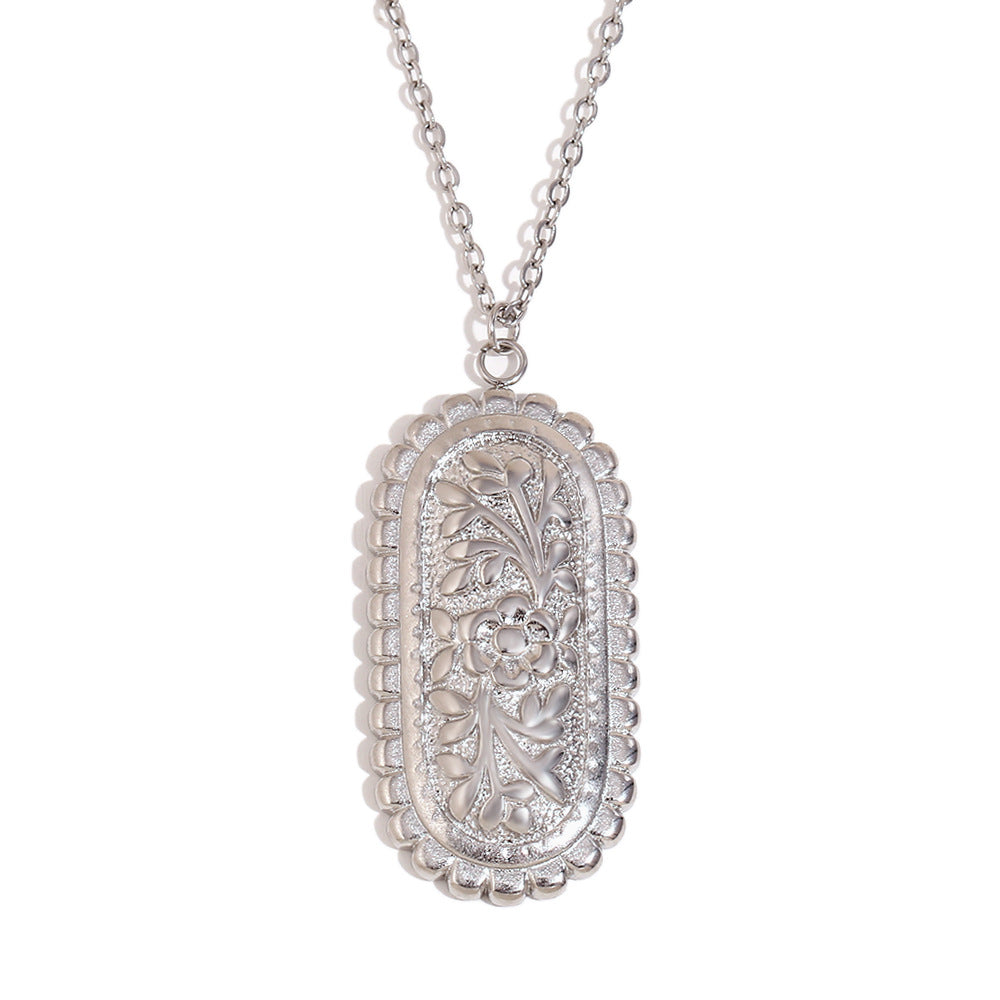Personalized Ring Stainless Steel 18K Gold Plated Retro Sawtooth Flower Oval Relief Necklace Female