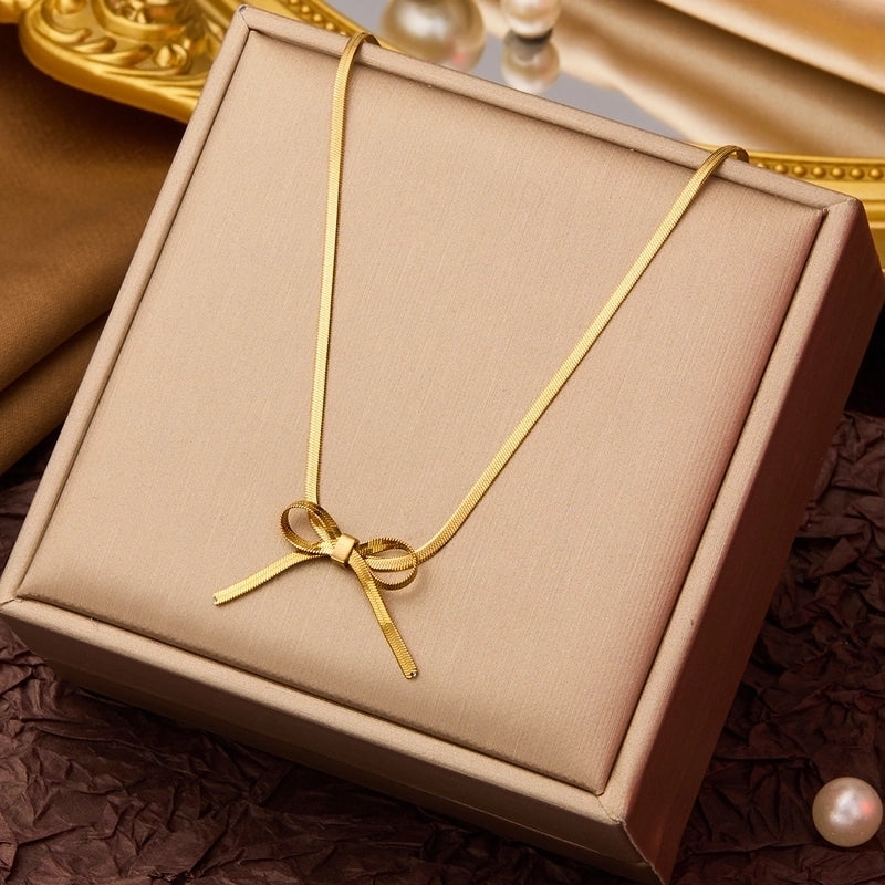 Elegant Minimalist Geometric Flower Bow Knot Titanium Steel Plating Pendant Necklace