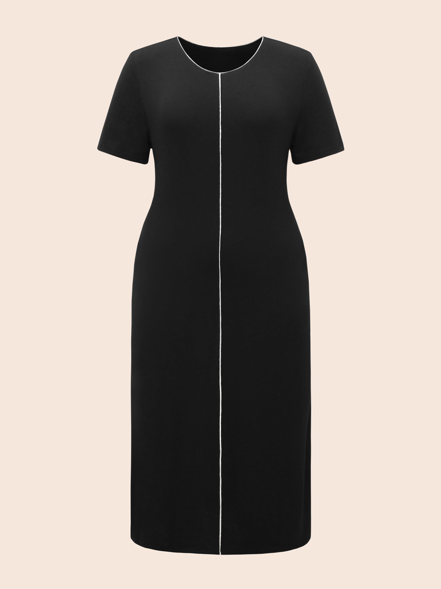 Round Neck Contrast Topstitching Slit Hem Dress