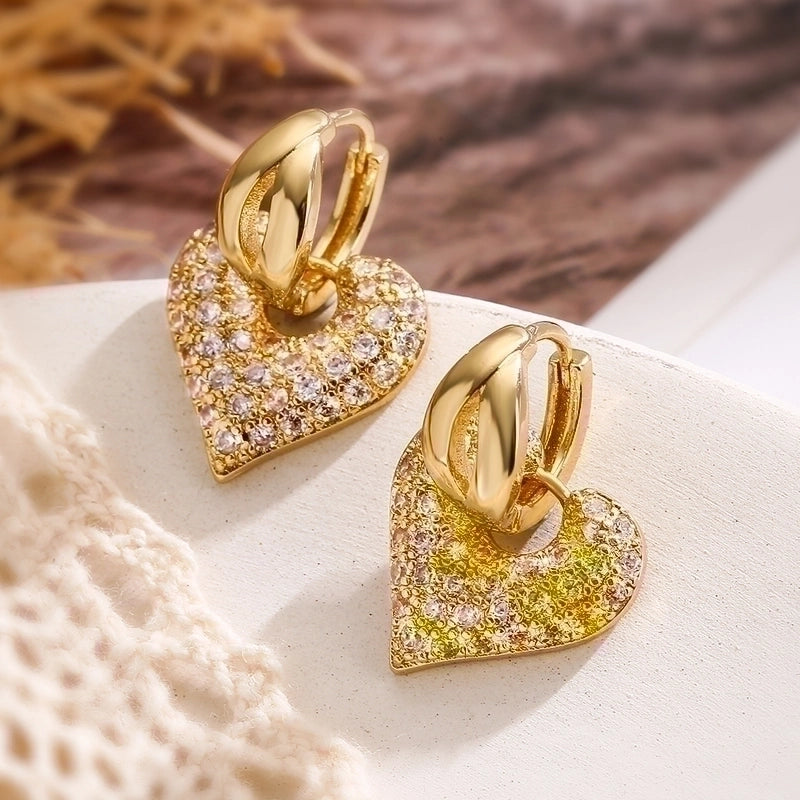 1 Pair Minimalist Commute Heart Shape Plating Inlay Copper Zircon 18k Gold Plated Drop Earrings