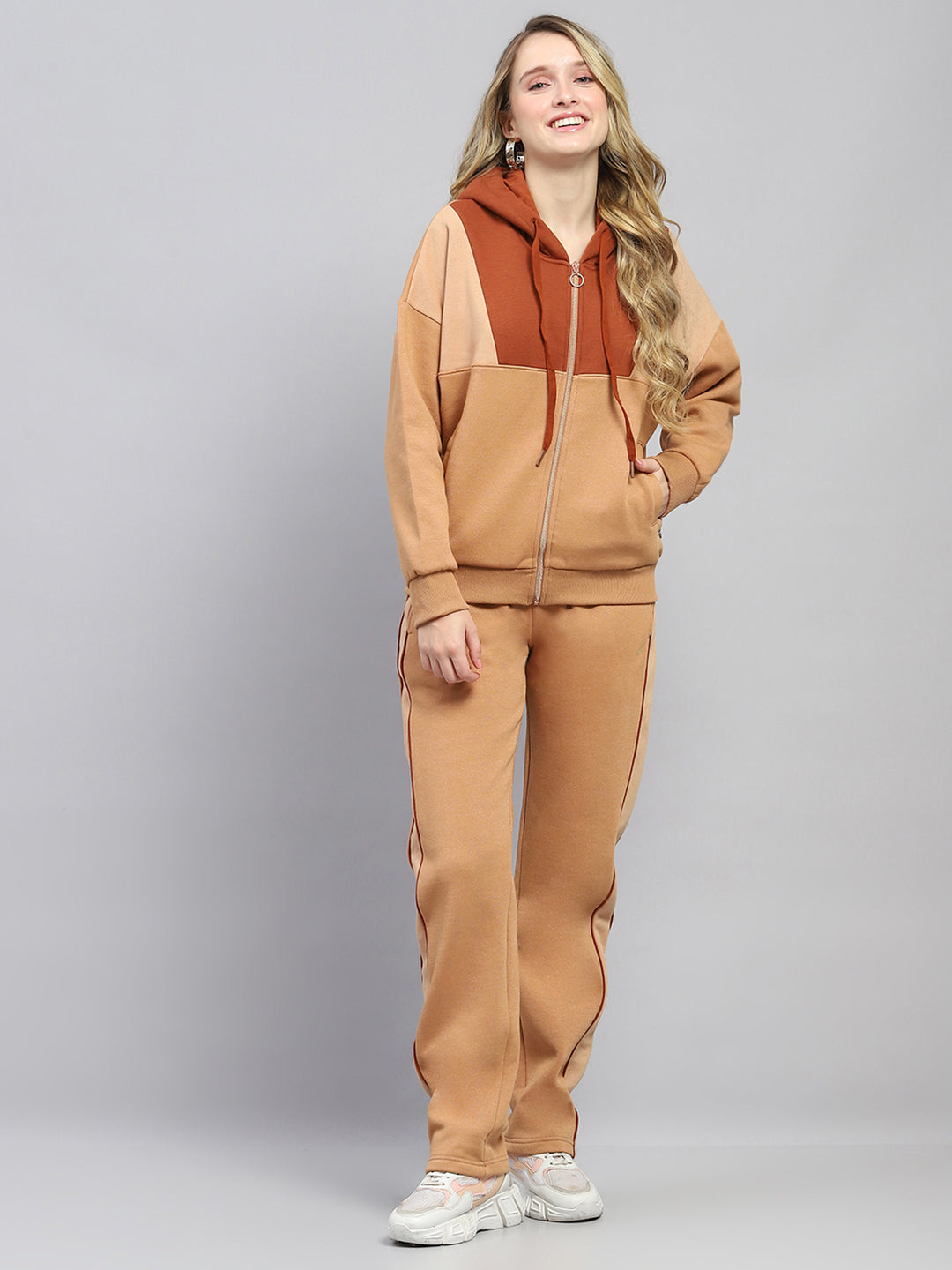 Women Rust Solid Hooded Full Sleeve Tracksuit