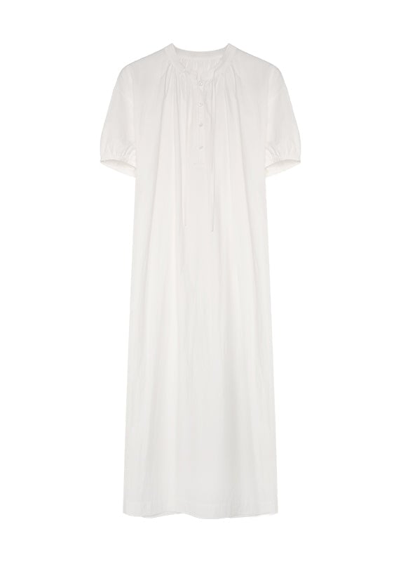 Handmade White O-Neck Cinched Loose Cotton Long Dresses Summer
