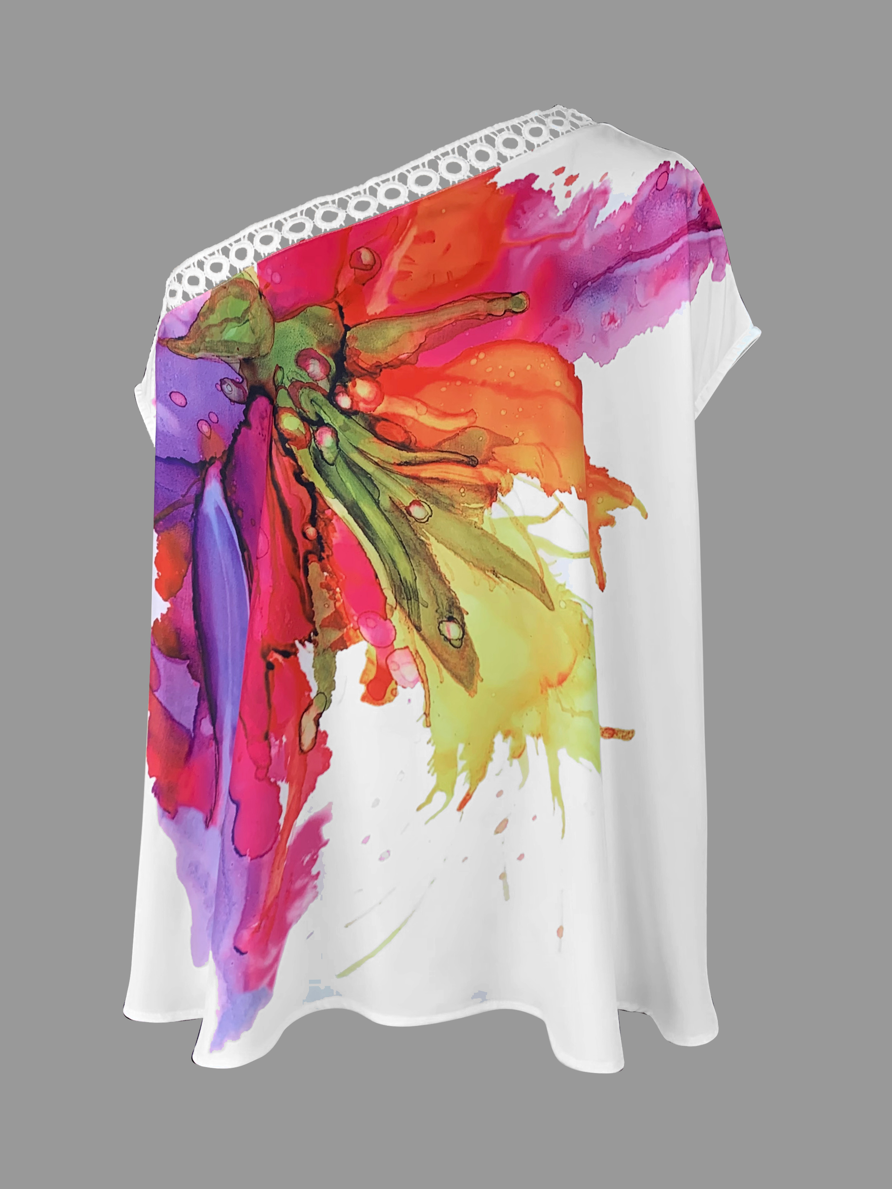 Batwing Sleeves Half Sleeves Contrast Color Flower Print Hollow One-Shoulder Blouses&Shirts Tops