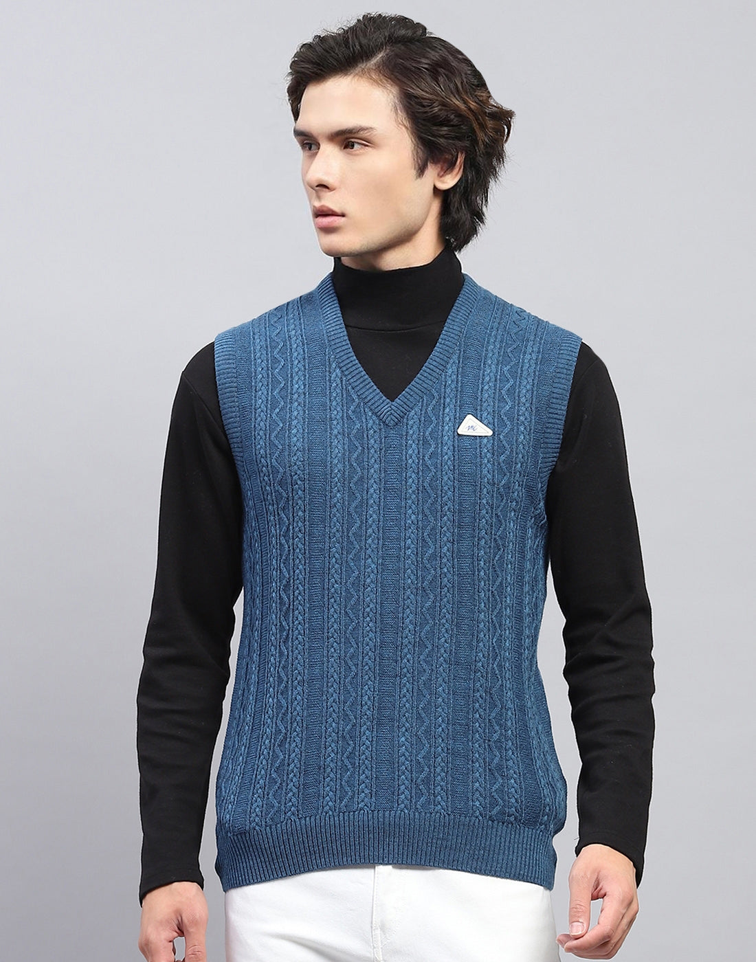 Men Blue Self Design V Neck Sleeveless Sweater