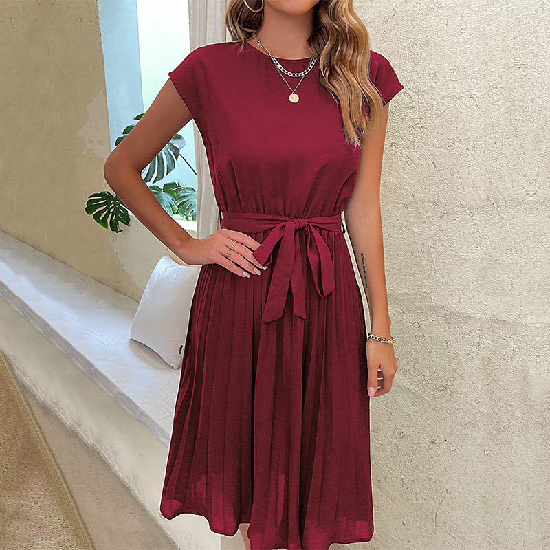 Solid Color Lace-Up Pleated Dress