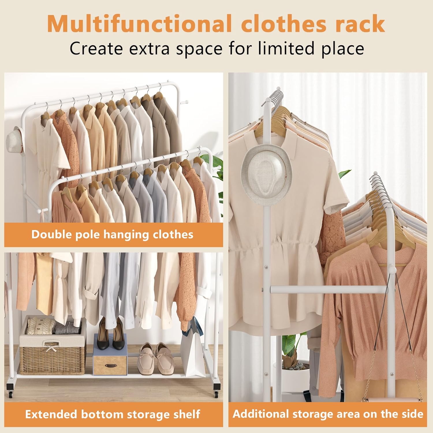 Laiensia Double Rods Garment Rack with Wheels, Clothing Rack for Hanging Clothes,4 Hooks, Multi-functional Bedroom Clothes Rack, Black