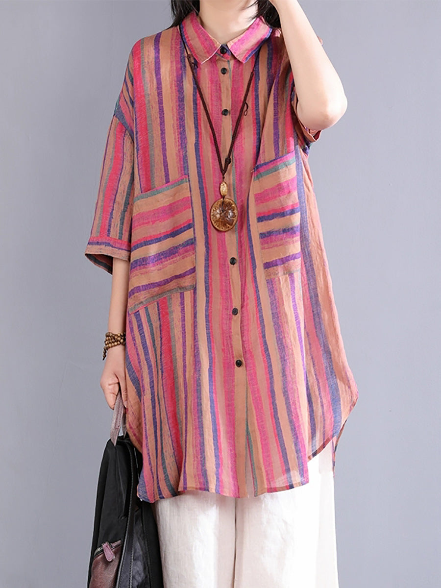 Women Summer Artsy Stripe Turn-down Collar 100%Ramie Shirt