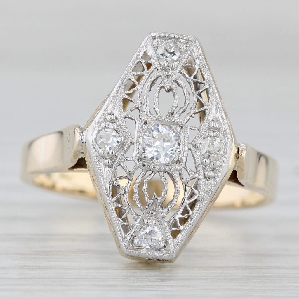 Vintage 0.13ctw Diamond Filigree Ring 14k Yellow Gold Platinum Size 7.75