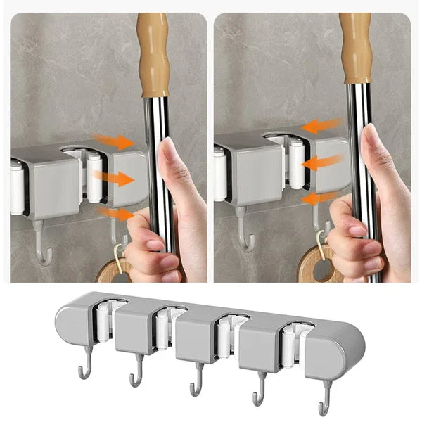 6 Slot & 6 Hook Wall Mounted Holder For Mop. Broom. Kitchen. Garden