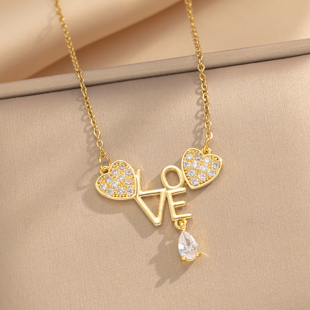 Diamond Letter Love Necklace Retro Fashion Design Heart-Shaped Clavicle Necklace