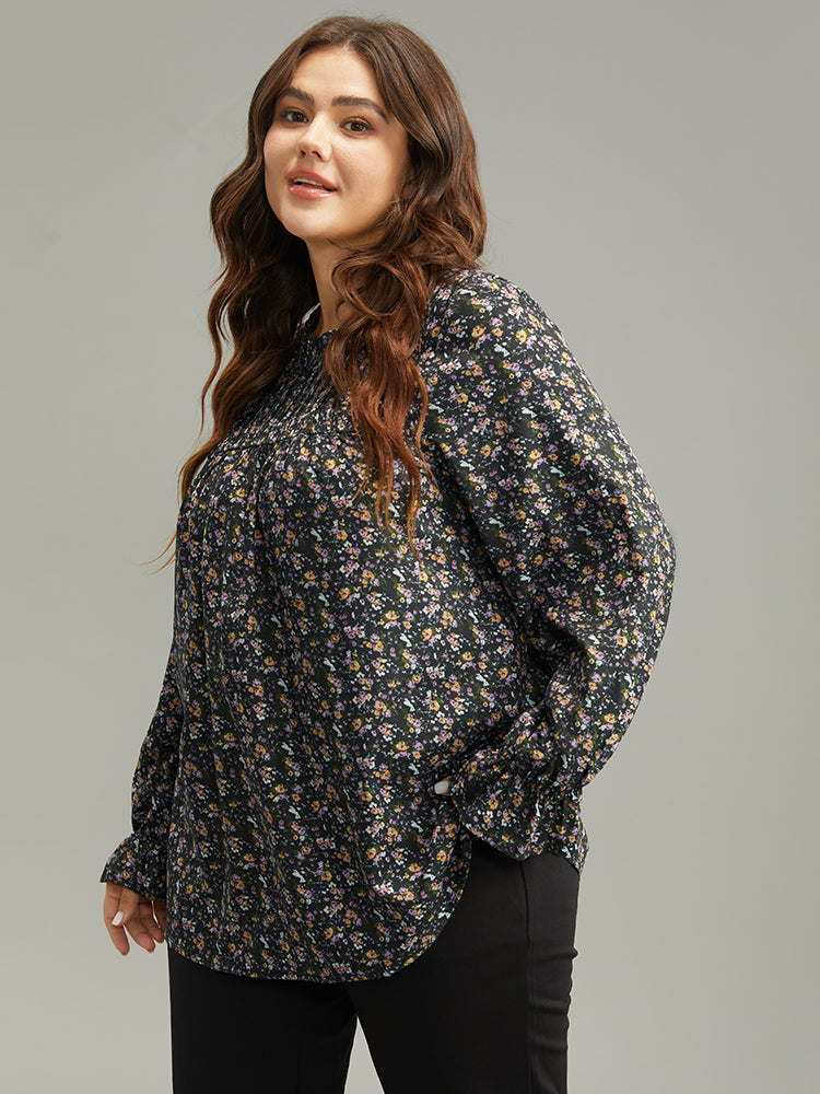 Ditsy Floral Stand Collar Pleated Blouse