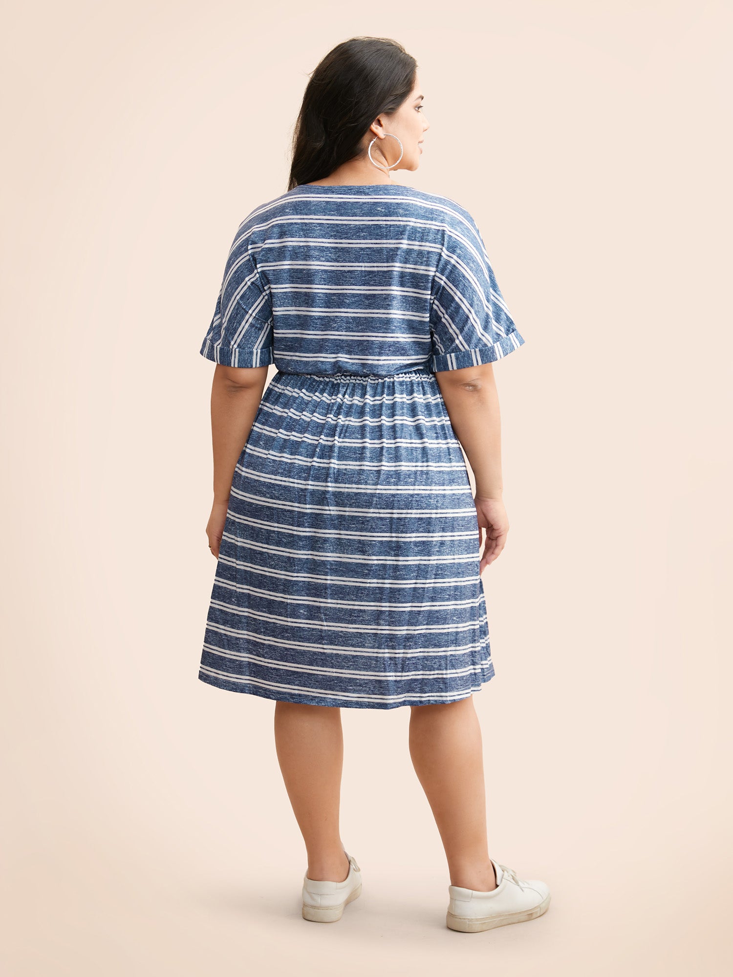 Striped Ties Pocket Roll sleeve Dress