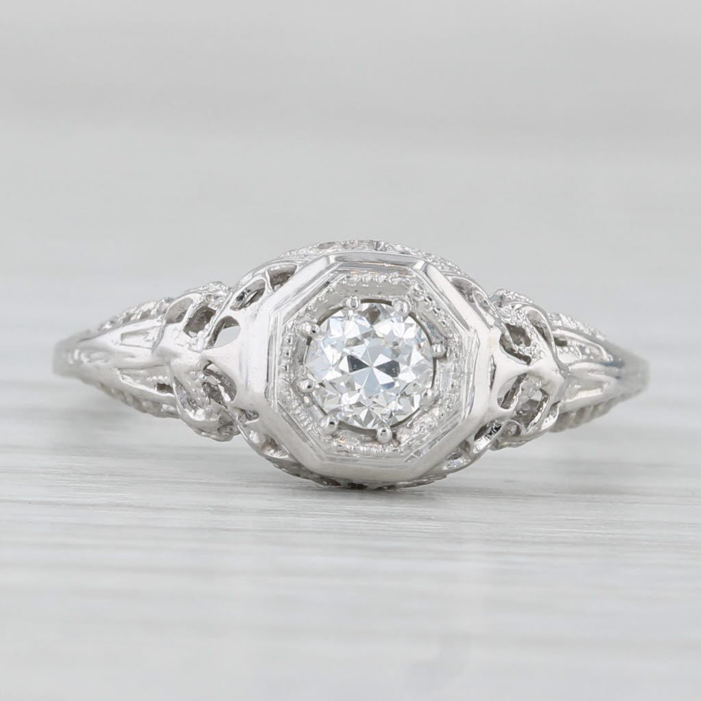Art Deco 0.30ct Diamond Engagement Ring Filigree 18k White Gold Size 6.25