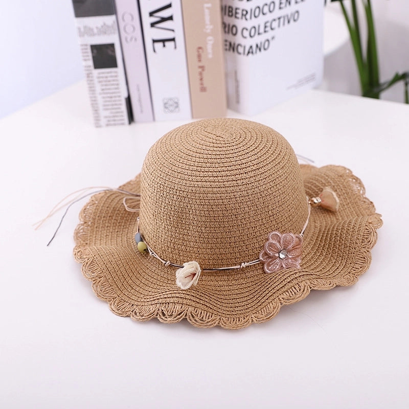 Fashion Flower Decoration Solid Color Children's Summer Beach Hat Sun Hat Straw Hat
