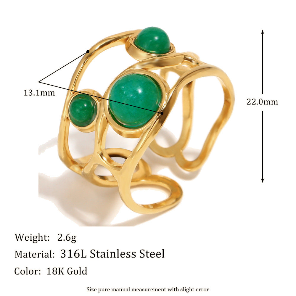 Retro Fashion Hand Jewelry Stainless Steel Plated 18K Gold Starfish Shell Gemstone Love Heart Open Ring