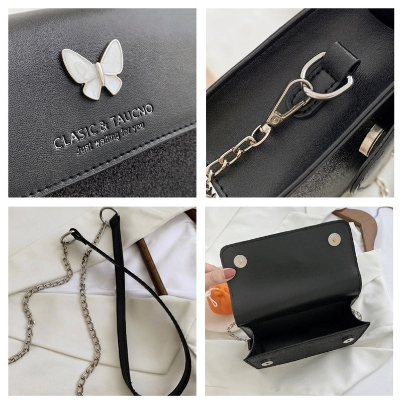 Women's Small Pu Leather Letter Butterfly Vintage Style Square Magnetic Buckle Crossbody Bag