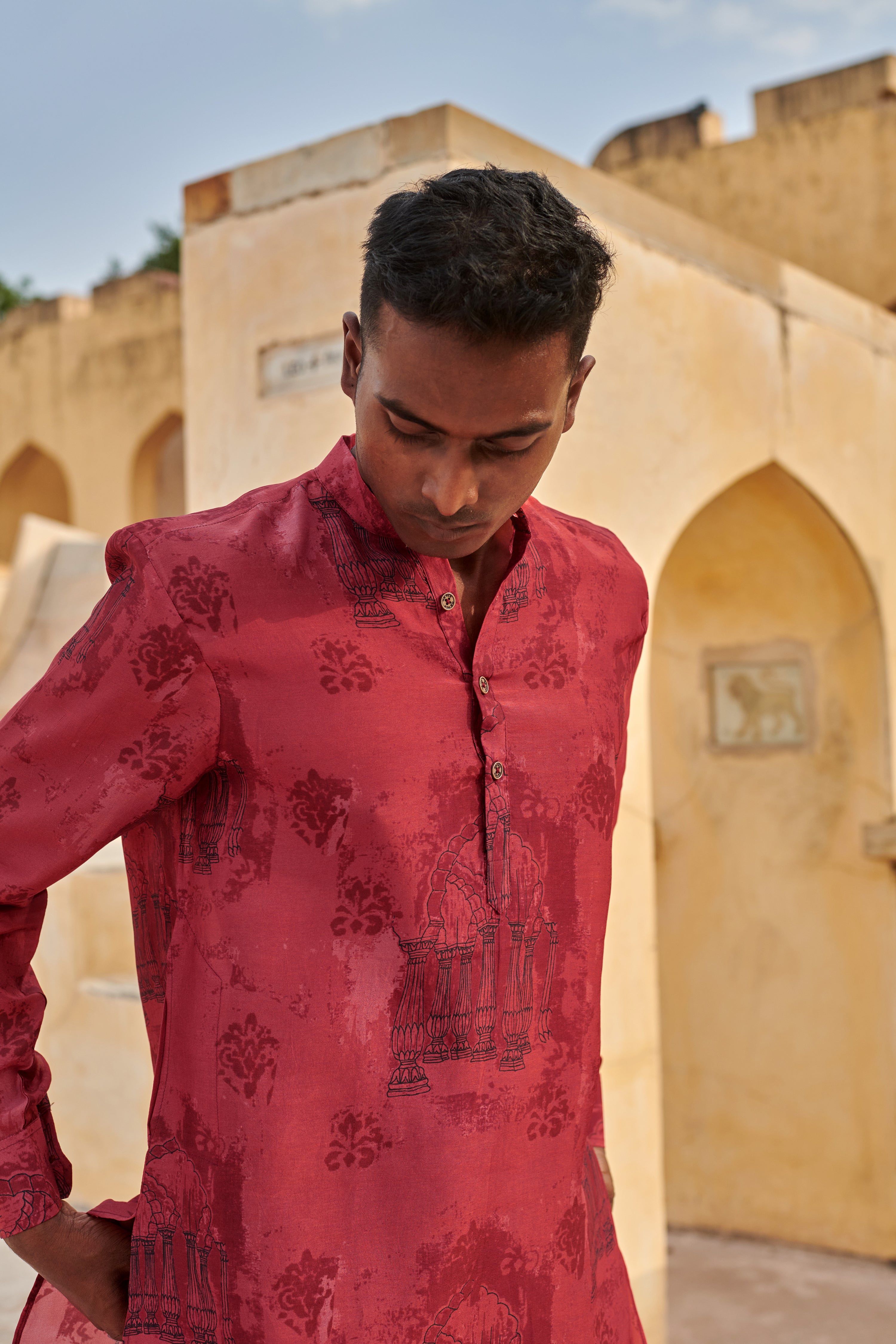 Red Arch Printed Ganganagery Kurta