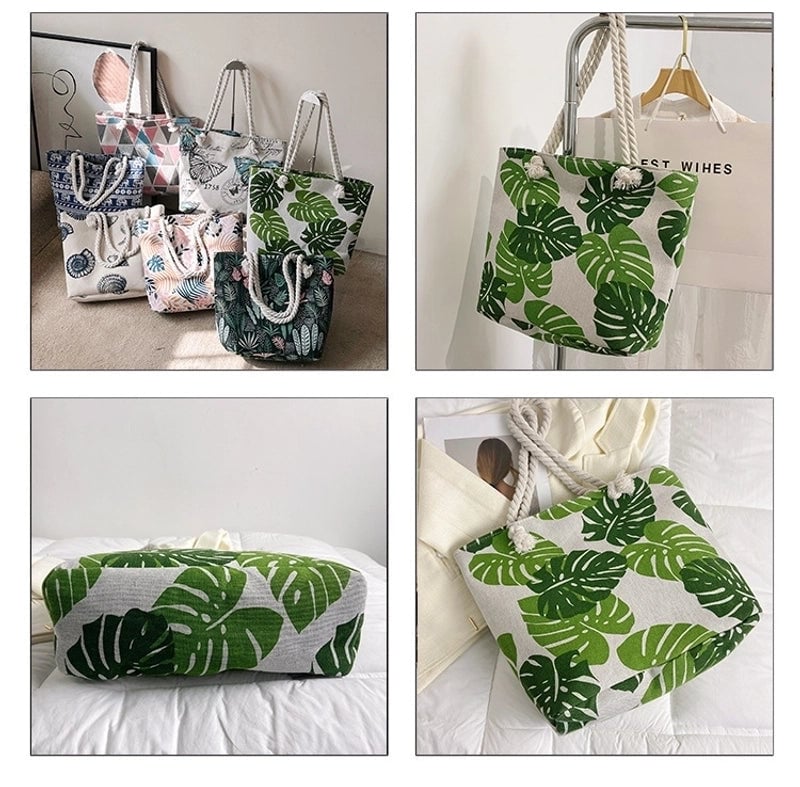 Women's Medium Canvas Leaves Butterfly Beach Square Zipper Beach Bag