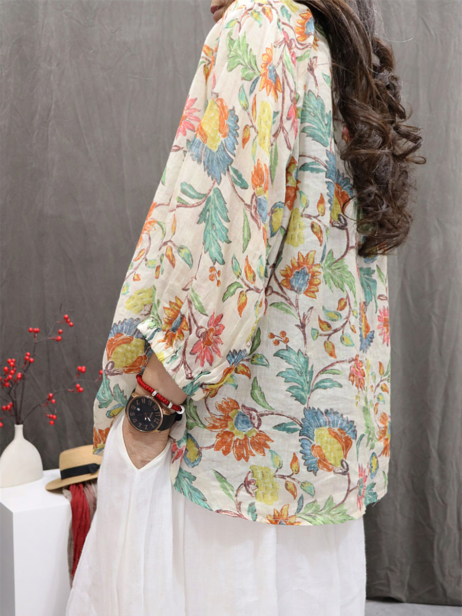 Women Summer Vintage Flower Hooded Ramie Shirt