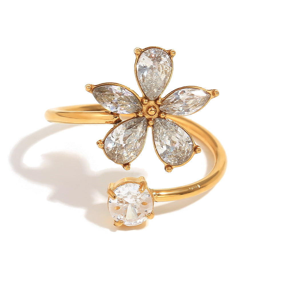 Niche Design White Diamond Flower Hand-Decorated Stainless Steel 18K Gold-Plated Conch Double-Layer Knotted Ring