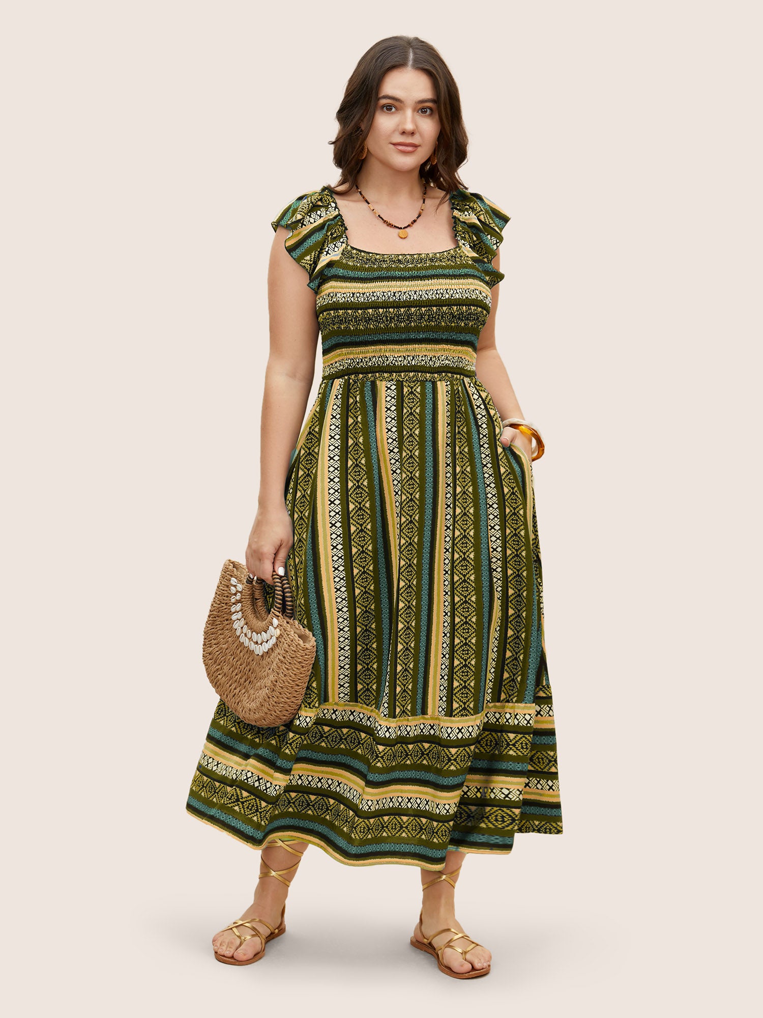 Bandana Striped Shirred Ruffle Trim Dress