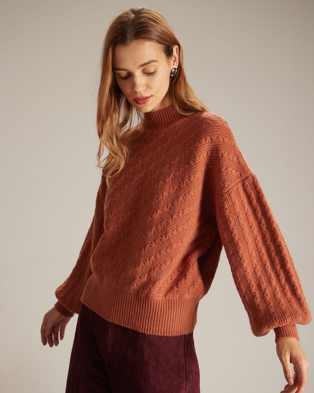 The Orange Mock Neck Drop Shoulder Sweater