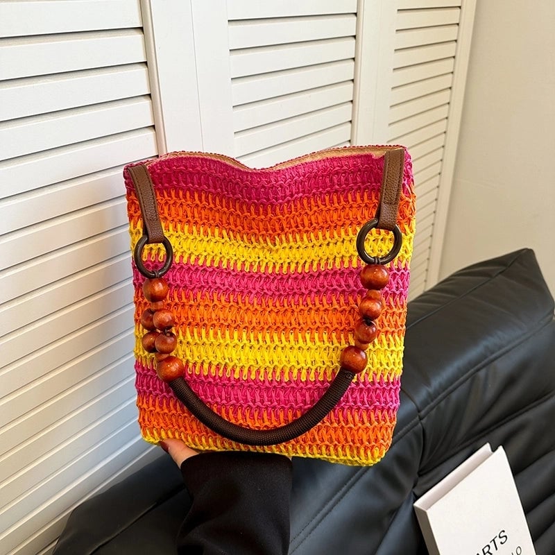 Women's Straw Square Beach Classic Style Magnetic Buckle Shoulder Bag Underarm Bag