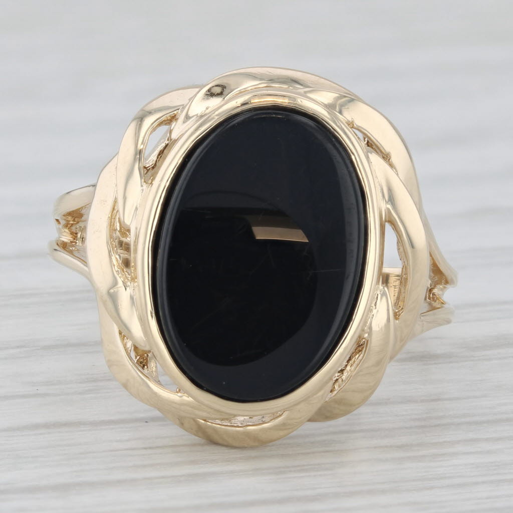 Black Onyx Oval Tablet 10K Yellow Gold Statement Ring Size 6.75