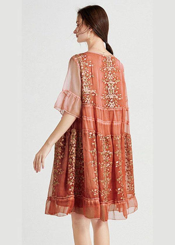 Art Green Embroidered O-Neck Loose Summer Flare Sleeve Dress