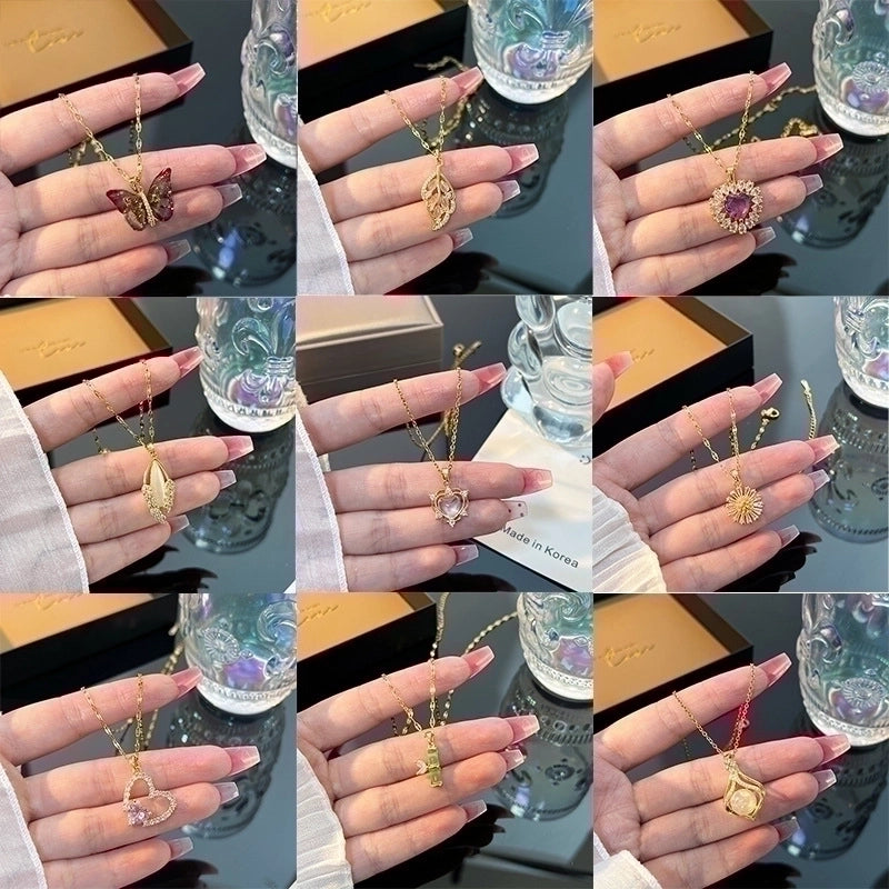 3 Pieces Lady Heart Shape Flower Titanium Steel Plating Inlay Zircon Gold Plated Pendant Necklace
