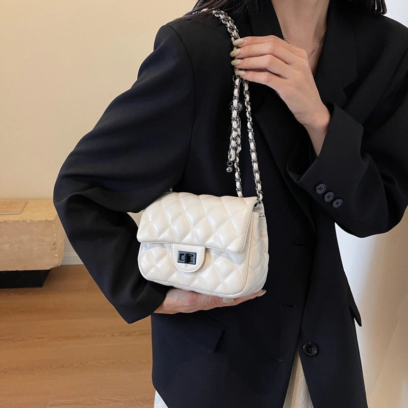 Women's Pu Leather Solid Color Classic Style Sewing Thread Square Lock Clasp Shoulder Bag Crossbody Bag