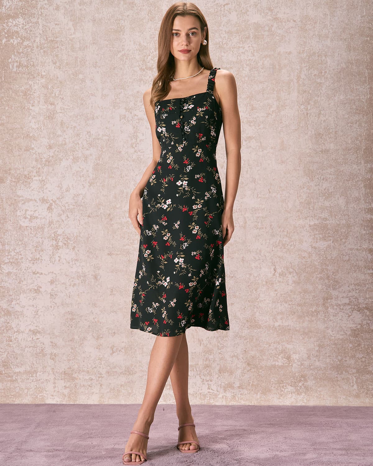 The Black Elasticized Straps Floral Midi Dress