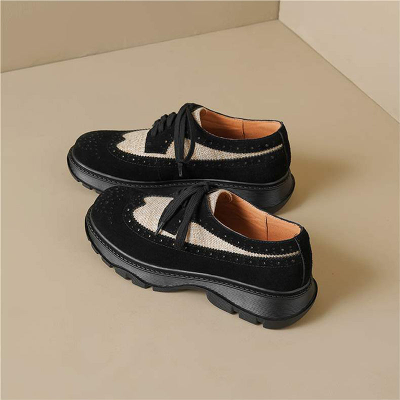 Preppy Color-Block Suede Brogue Lace Up Oxford Shoes in Black/Brown