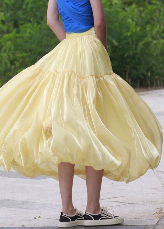 Yellow Zippered Solid Silk Skirts High Waist Summer