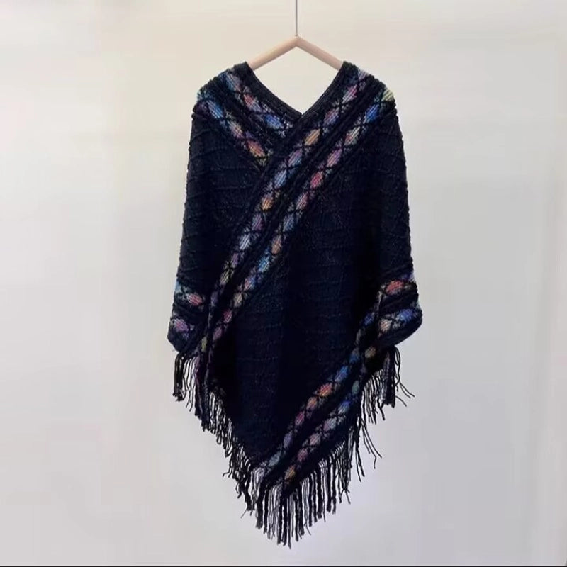 Rainbow Plaid Ethnic Style Cashmere-like Tassel Knitted Shawl For Women New Versatile Travel Warm Pullover Cape Manufacturer