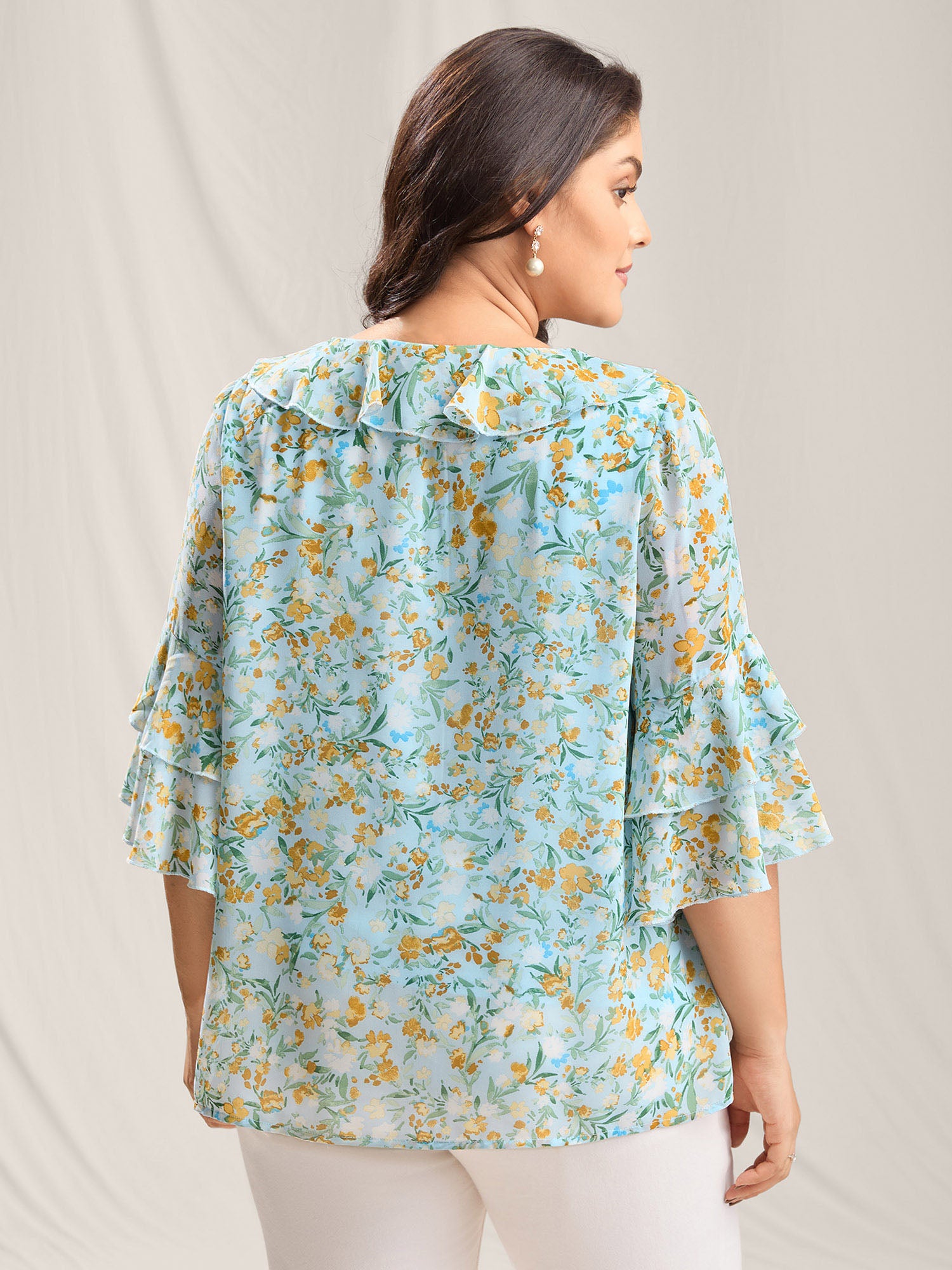 Floral Print Ruffled Layered Sleeve Blouse