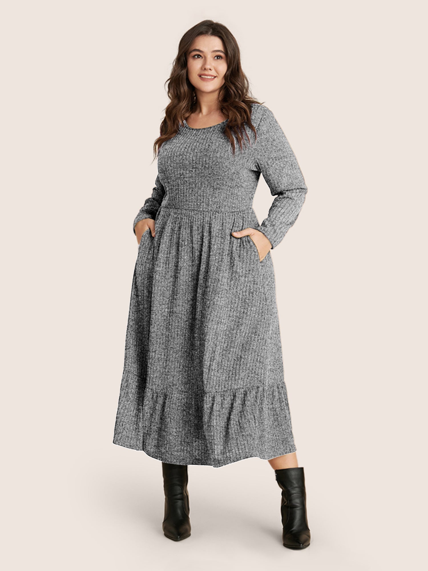 Solid Pocket Rib Knit Ruffle Hem Dress Without Belt