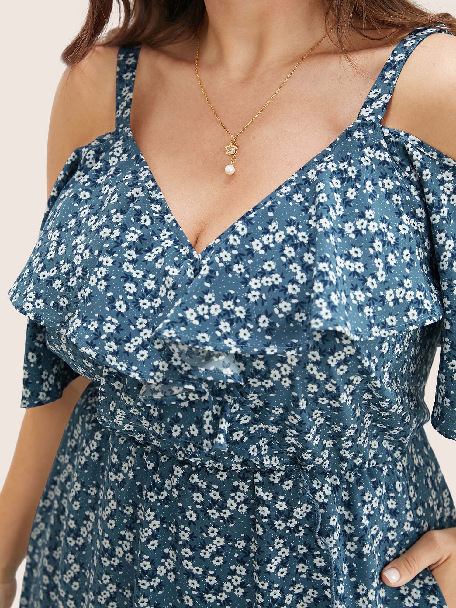 Ditsy Floral Pocket Wrap Cold Shoulder Ruffle Dress