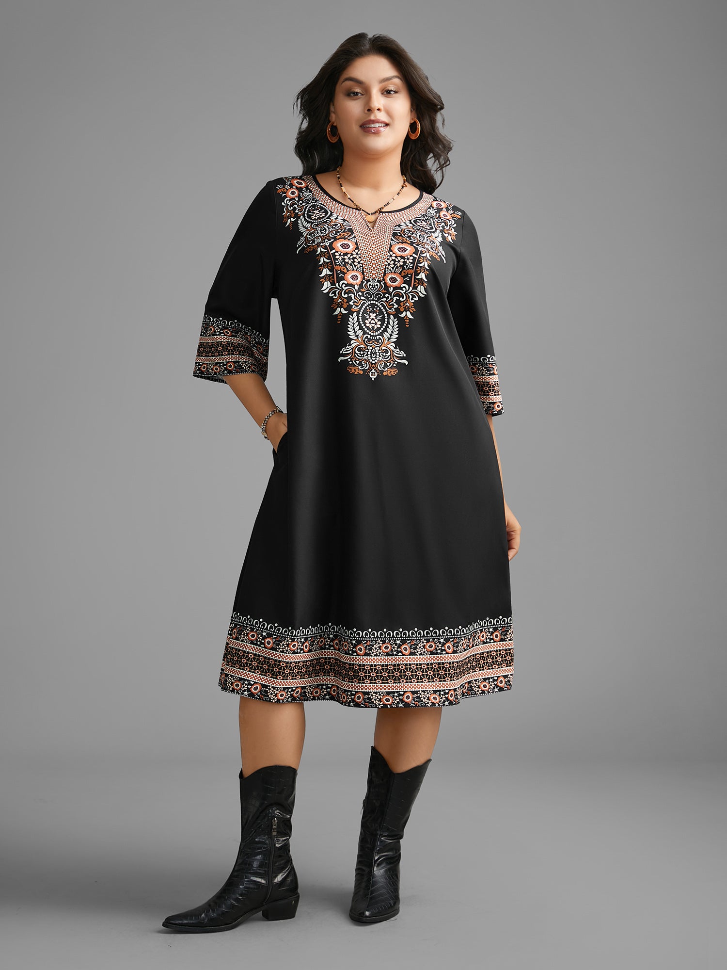 Notched Collar Boho Print Pocket Dress